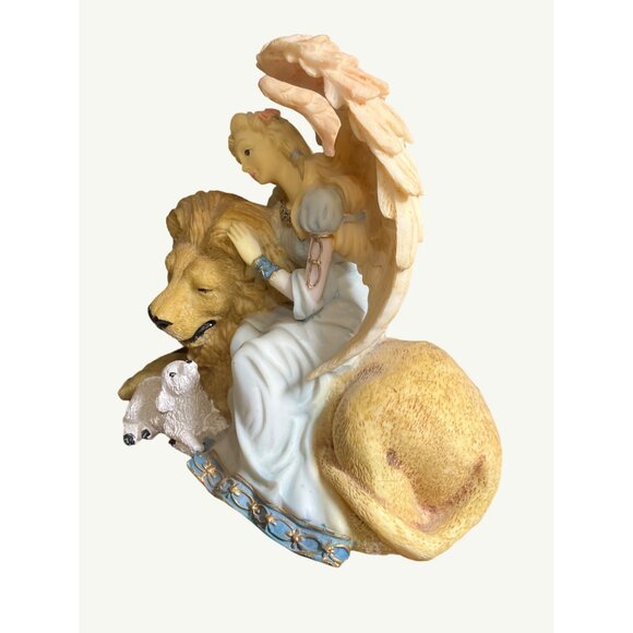 Angel and Lion Figurine With Lamb - Hand-Painted Resin Statue On Wood Base - Picture 6 of 12